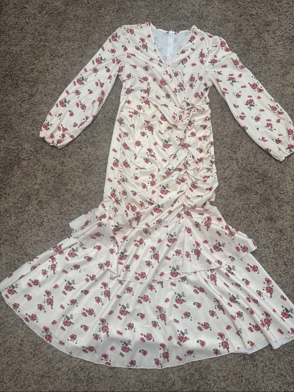 Cream Maxi Dress with Pink Floral Print and Ruched Side